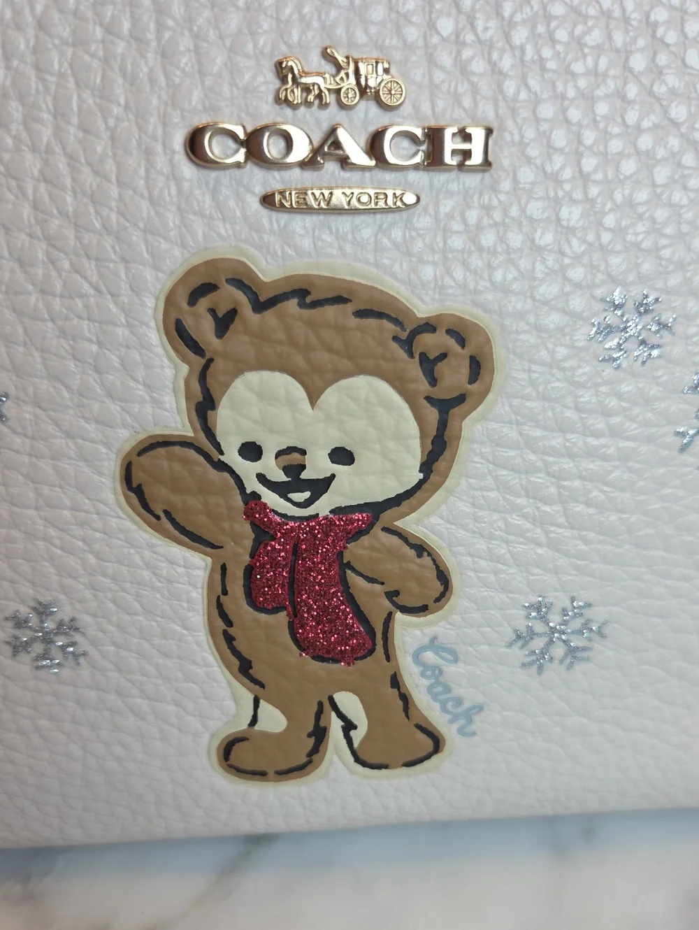 EUC Coach Novelty White Pebbled Leather Bear Wristlet with Red Strap